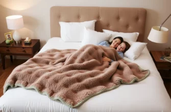 A cozy bedroom scene featuring a king-size weighted blanket draped over a large bed, shared by two people relaxing comfortably under it, soft ambient lighting, neutral tones, plush pillows, and a calm, inviting atmosphere emphasizing shared comfort and relaxation