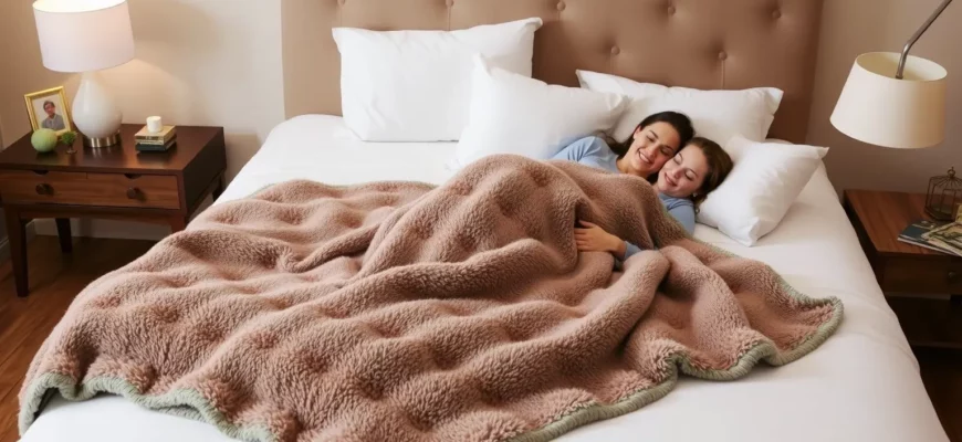 A cozy bedroom scene featuring a king-size weighted blanket draped over a large bed, shared by two people relaxing comfortably under it, soft ambient lighting, neutral tones, plush pillows, and a calm, inviting atmosphere emphasizing shared comfort and relaxation