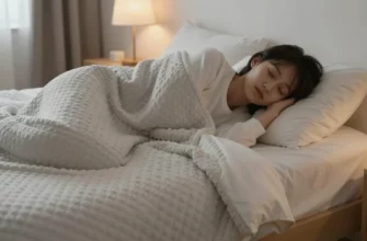 A serene bedroom scene featuring a person peacefully sleeping under a soft, textured weighted blanket, with gentle ambient lighting and a calm, restful atmosphere