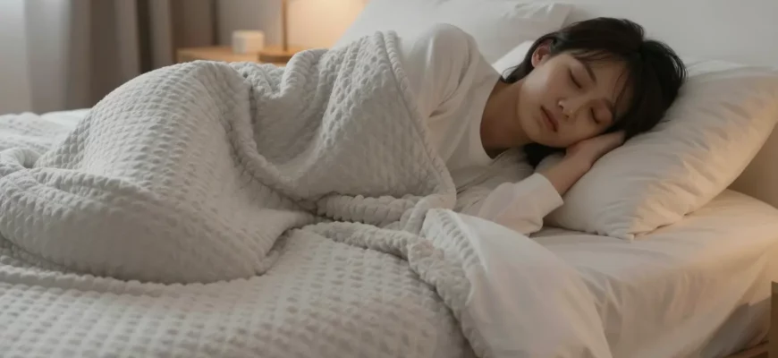 A serene bedroom scene featuring a person peacefully sleeping under a soft, textured weighted blanket, with gentle ambient lighting and a calm, restful atmosphere