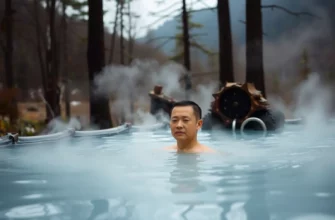 A serene outdoor scene with a person standing in a cold plunge pool, surrounded by nature. The person appears calm and focused, with steam rising from the water, indicating the cold temperature. The background features a peaceful forest or mountain setting, emphasizing the natural and therapeutic aspects of the cold plunge.