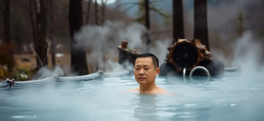 A serene outdoor scene with a person standing in a cold plunge pool, surrounded by nature. The person appears calm and focused, with steam rising from the water, indicating the cold temperature. The background features a peaceful forest or mountain setting, emphasizing the natural and therapeutic aspects of the cold plunge.