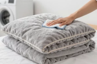 A person holding a weighted blanket, showing the blanket's texture and weight distribution, with a clean and organized background, demonstrating proper cleaning techniques such as spot cleaning or machine washing, with a focus on the blanket's fabric and stitching details