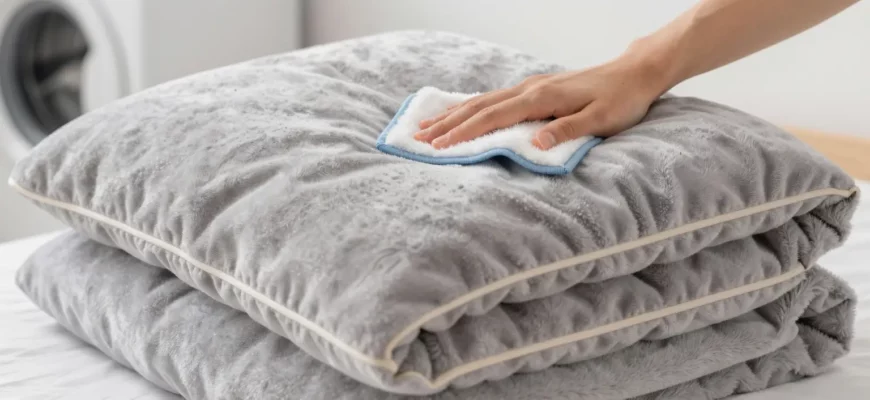 A person holding a weighted blanket, showing the blanket's texture and weight distribution, with a clean and organized background, demonstrating proper cleaning techniques such as spot cleaning or machine washing, with a focus on the blanket's fabric and stitching details
