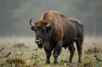 A majestic European bison standing in a misty forest clearing, surrounded by native plants and birds, symbolizing rewilding efforts in France