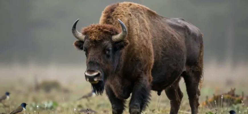 A majestic European bison standing in a misty forest clearing, surrounded by native plants and birds, symbolizing rewilding efforts in France