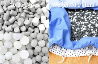 A detailed comparison of different types of plastic pellets used in weighted blankets, showcasing their textures, sizes, and colors. The image should include close-up views of the pellets, a scale for size reference, and a visual representation of their distribution within a blanket. The scene should be set in a well-lit, clean environment to highlight the details of the pellets.