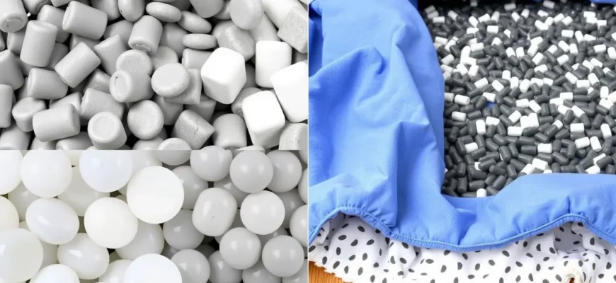 A detailed comparison of different types of plastic pellets used in weighted blankets, showcasing their textures, sizes, and colors. The image should include close-up views of the pellets, a scale for size reference, and a visual representation of their distribution within a blanket. The scene should be set in a well-lit, clean environment to highlight the details of the pellets.