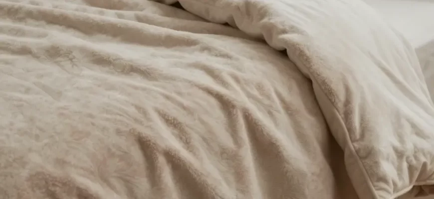 A cozy bedroom scene featuring a plush, textured weighted blanket with visible heating elements subtly integrated, draped over a comfortable bed with soft pillows and warm lighting, emphasizing comfort and modern technology