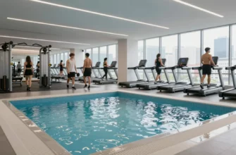 A modern gym interior with a cold plunge pool in the foreground, surrounded by people in athletic wear. Include gym equipment like treadmills and weight racks in the background, with large windows showing a city skyline. Use bright, clean lighting and a motivational atmosphere.