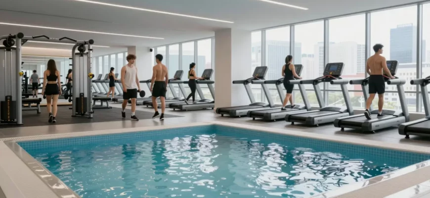 A modern gym interior with a cold plunge pool in the foreground, surrounded by people in athletic wear. Include gym equipment like treadmills and weight racks in the background, with large windows showing a city skyline. Use bright, clean lighting and a motivational atmosphere.