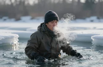 A person standing in cold water, surrounded by icy surroundings, with visible breath vapor, wearing winter clothing, showing the contrast between the cold environment and the human body's reaction to it