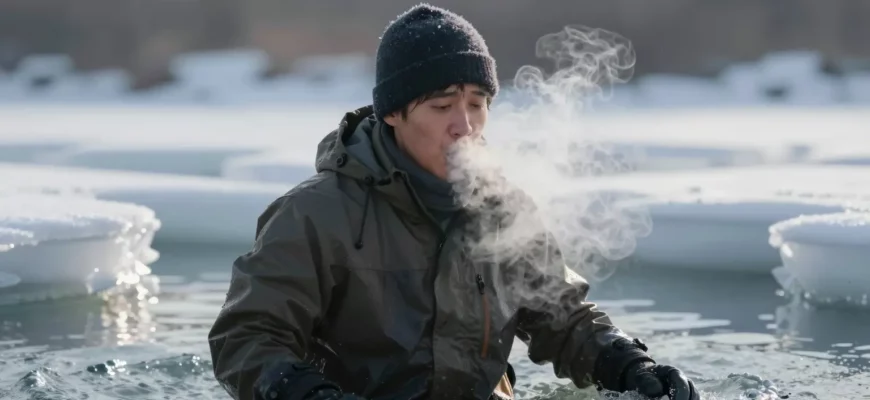 A person standing in cold water, surrounded by icy surroundings, with visible breath vapor, wearing winter clothing, showing the contrast between the cold environment and the human body's reaction to it