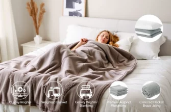 A premium gravity weighted blanket review scene showing a cozy bedroom setting with a person relaxing under a plush weighted blanket, soft lighting, and clear product details visible