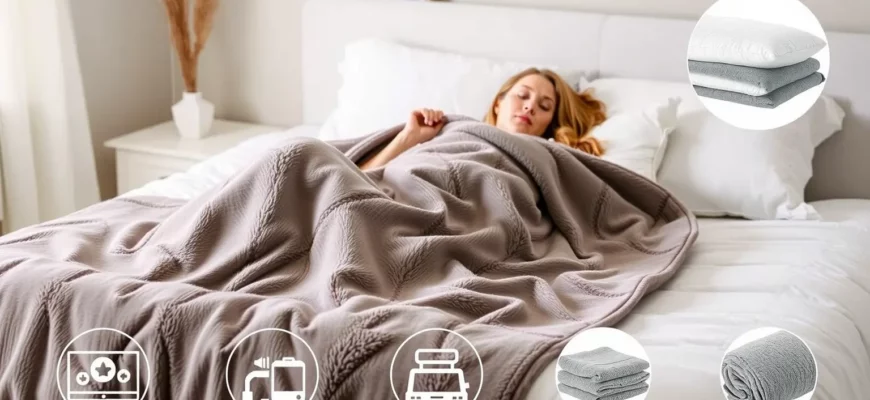 A premium gravity weighted blanket review scene showing a cozy bedroom setting with a person relaxing under a plush weighted blanket, soft lighting, and clear product details visible