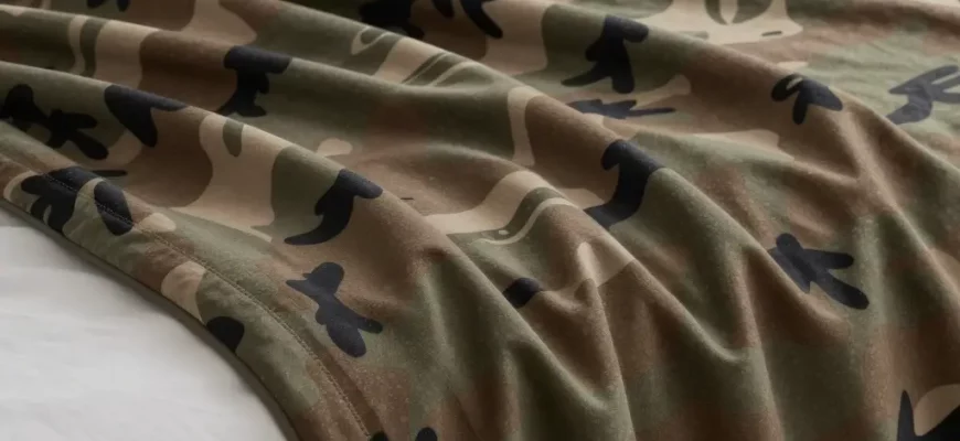 A detailed product showcase of a camo weighted blanket with high-performance fabric texture, displayed on a modern minimalist bed with crisp white linens, soft ambient lighting highlighting the blanket's pattern and material quality, close-up view showing stitching details and fabric weave, natural color palette with earthy camouflage tones, lifestyle photography style