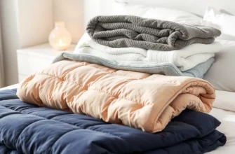 A high-quality product photograph showcasing a variety of weighted blankets in different colors and textures, arranged neatly on a modern bed with crisp white linens, soft ambient lighting, and a minimalist bedroom background, emphasizing comfort and coziness