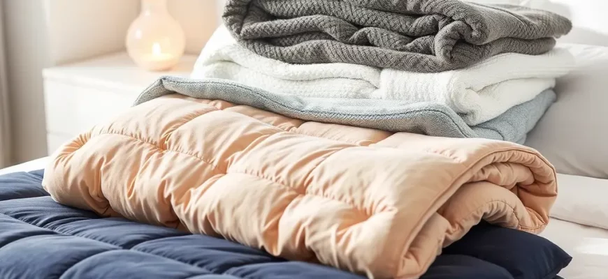A high-quality product photograph showcasing a variety of weighted blankets in different colors and textures, arranged neatly on a modern bed with crisp white linens, soft ambient lighting, and a minimalist bedroom background, emphasizing comfort and coziness