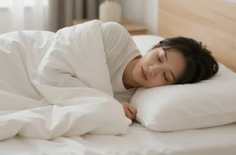 A person lying comfortably on a bed using a weighted blanket, with a calm and relaxed expression, soft lighting, and a cozy bedroom setting