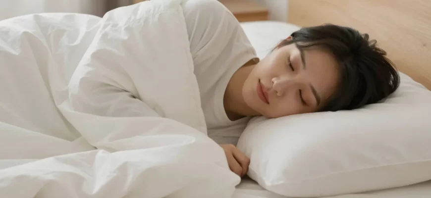 A person lying comfortably on a bed using a weighted blanket, with a calm and relaxed expression, soft lighting, and a cozy bedroom setting