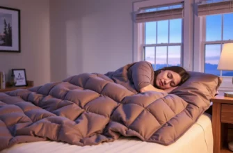 A cozy bedroom scene featuring a person sleeping peacefully under a weighted blanket on a bed, with soft ambient lighting, a nightstand with a lamp and a book, and a window showing a calm night sky; the weighted blanket is prominently displayed with visible texture and stitching, in neutral tones like gray or beige, emphasizing comfort and relaxation