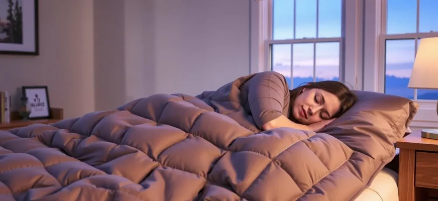 A cozy bedroom scene featuring a person sleeping peacefully under a weighted blanket on a bed, with soft ambient lighting, a nightstand with a lamp and a book, and a window showing a calm night sky; the weighted blanket is prominently displayed with visible texture and stitching, in neutral tones like gray or beige, emphasizing comfort and relaxation