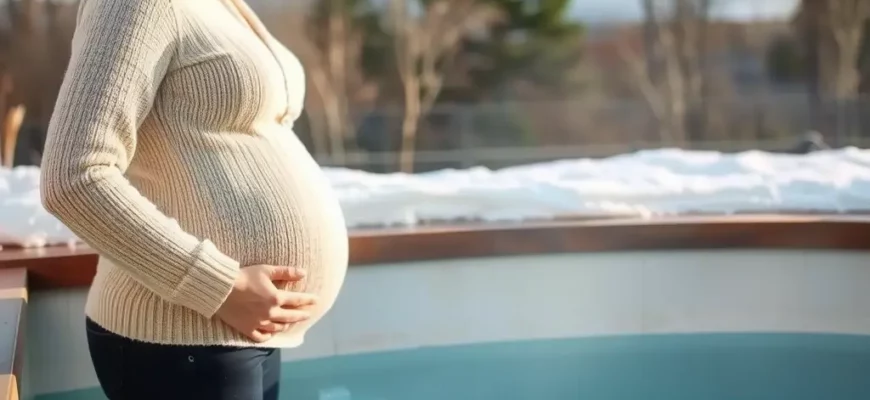 A pregnant woman standing near a cold plunge pool, looking thoughtful and cautious. The pool is filled with clear, cold water, and there are ice cubes floating on the surface. The woman is dressed in comfortable, warm clothing suitable for a cold environment. The background shows a serene outdoor setting with trees and a clear sky, emphasizing a natural and peaceful atmosphere.