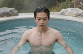 A person standing in a cold plunge pool, fully submerged up to their neck, with a serene and focused expression. The pool is filled with clear, icy water, and the surrounding area is a natural outdoor setting with trees and mountains in the background. The person is depicted in a realistic and respectful manner, emphasizing the tranquility and rejuvenation of the experience.