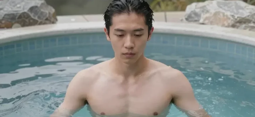 A person standing in a cold plunge pool, fully submerged up to their neck, with a serene and focused expression. The pool is filled with clear, icy water, and the surrounding area is a natural outdoor setting with trees and mountains in the background. The person is depicted in a realistic and respectful manner, emphasizing the tranquility and rejuvenation of the experience.