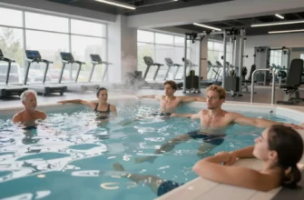 A refreshing cold plunge pool with steam rising, surrounded by athletes in recovery poses, modern gym setting with sleek equipment, bright natural lighting, emphasizing wellness and science