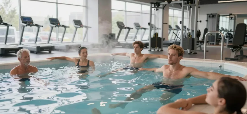 A refreshing cold plunge pool with steam rising, surrounded by athletes in recovery poses, modern gym setting with sleek equipment, bright natural lighting, emphasizing wellness and science