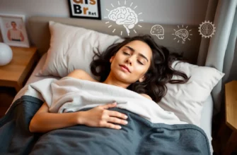 A person lying on a bed with a weighted blanket, calm and relaxed expression, soft lighting, cozy bedroom environment, subtle scientific elements like brain diagrams or stress-relief symbols in the background
