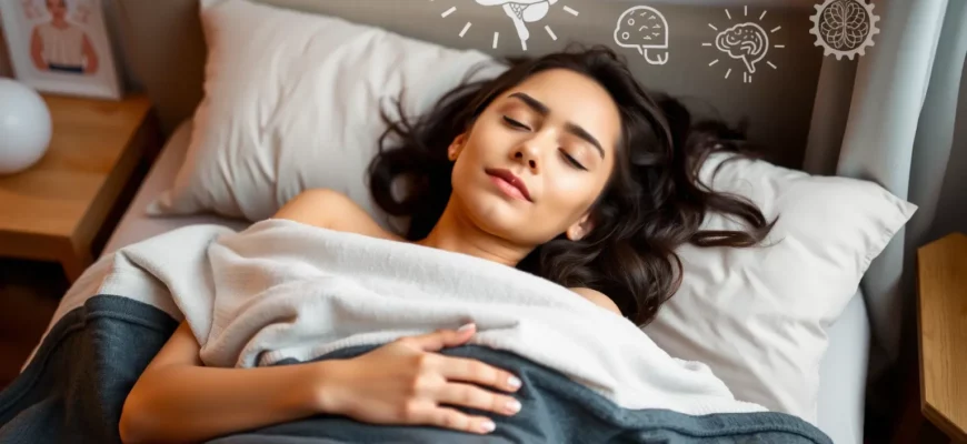 A person lying on a bed with a weighted blanket, calm and relaxed expression, soft lighting, cozy bedroom environment, subtle scientific elements like brain diagrams or stress-relief symbols in the background
