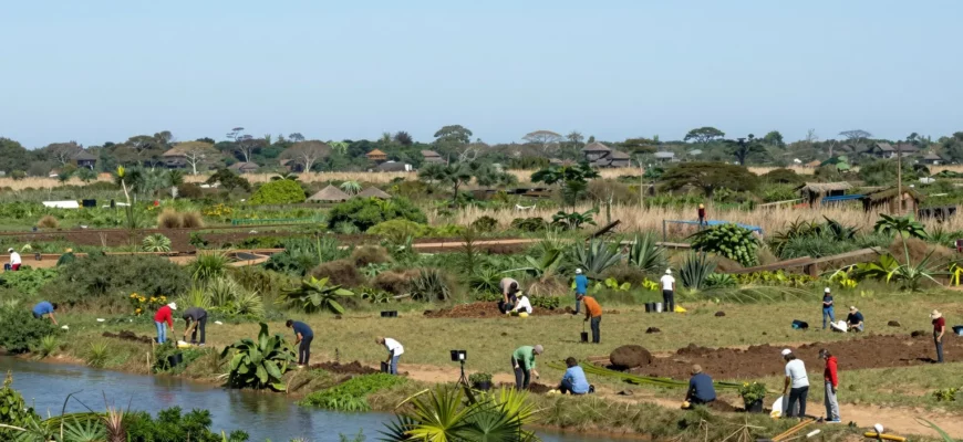 A vast, lush landscape being restored to its natural state, featuring diverse wildlife, native vegetation, and clear waterways, with people actively engaged in ecological restoration activities such as planting trees, removing invasive species, and monitoring ecosystems, all under a bright, hopeful sky