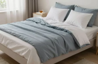 A cozy bedroom scene with a neatly made bed covered with a gravity weighted blanket in a calming color like blue or grey. The room should have soft lighting, a few decorative pillows, and a nightstand with a book and a cup of tea. The overall atmosphere should be relaxing and inviting.