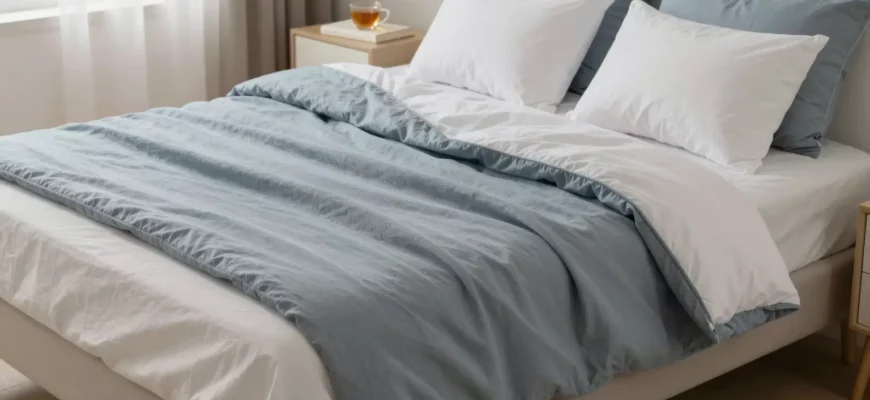A cozy bedroom scene with a neatly made bed covered with a gravity weighted blanket in a calming color like blue or grey. The room should have soft lighting, a few decorative pillows, and a nightstand with a book and a cup of tea. The overall atmosphere should be relaxing and inviting.