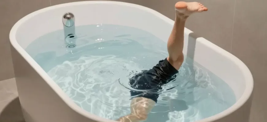 A modern bathroom scene featuring a sleek, minimalist cold plunge tub filled with clear, icy water, surrounded by smooth stone tiles and soft ambient lighting, with a person in athletic wear stepping into the tub, emphasizing the refreshing and therapeutic atmosphere of cold therapy