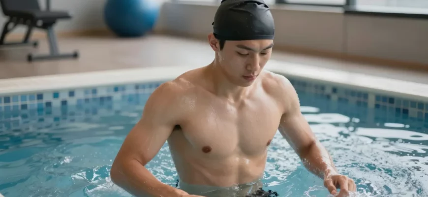 A person in athletic wear performing a cold plunge (immersion in icy water) immediately after a workout session, showing physical exertion and the contrast between warm muscles and cold water, with a gym or outdoor training environment in the background