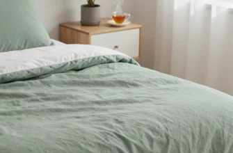 A serene bedroom scene featuring a neatly made bed with a soft, textured sage green weighted blanket draped over it, alongside a minimalist nightstand with a small potted plant and a steaming cup of tea, soft natural lighting from a window, and a calm, inviting atmosphere