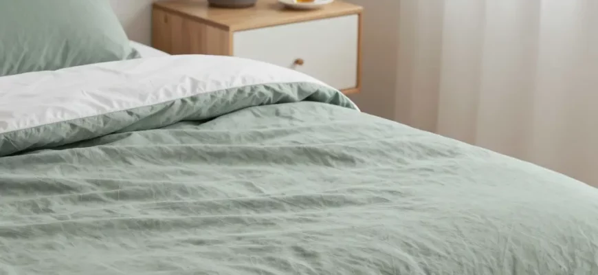 A serene bedroom scene featuring a neatly made bed with a soft, textured sage green weighted blanket draped over it, alongside a minimalist nightstand with a small potted plant and a steaming cup of tea, soft natural lighting from a window, and a calm, inviting atmosphere