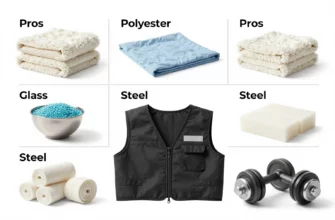 A clean, organized infographic-style illustration showing various weighted items (such as weighted blankets, weighted vests, and dumbbells) with labels highlighting different material options (like cotton, polyester, glass beads, steel, and foam) and their pros and cons, presented in a clear, educational layout with a professional and modern aesthetic