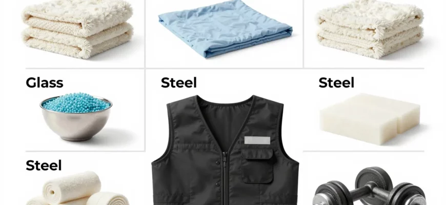 A clean, organized infographic-style illustration showing various weighted items (such as weighted blankets, weighted vests, and dumbbells) with labels highlighting different material options (like cotton, polyester, glass beads, steel, and foam) and their pros and cons, presented in a clear, educational layout with a professional and modern aesthetic