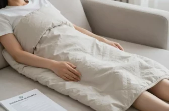 A calm, professional scene showing a person using a weighted blanket on a couch or bed, with a subtle insurance document or logo nearby, soft lighting, neutral colors, no text or numbers visible