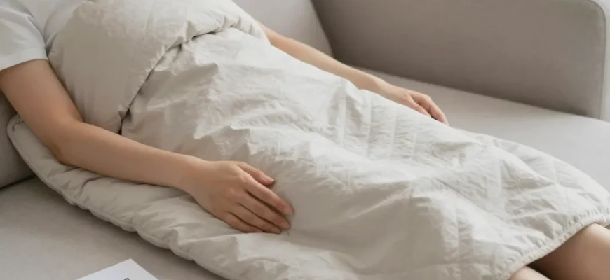 A calm, professional scene showing a person using a weighted blanket on a couch or bed, with a subtle insurance document or logo nearby, soft lighting, neutral colors, no text or numbers visible