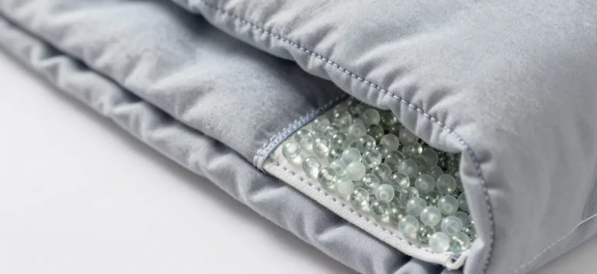 A detailed close-up view of a weighted blanket's construction showing the fabric layers, internal weighted pockets filled with glass beads or plastic pellets, and the outer fabric loops sewn onto the blanket's surface, with clear visibility of the stitching and material texture, educational and informative style