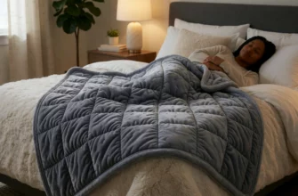 A cozy bedroom scene featuring a 20 lb Tranquility weighted blanket draped over a plush bed, with soft ambient lighting, a calm atmosphere, and a subtle hint of a person peacefully resting