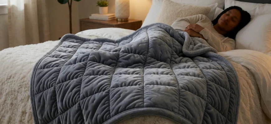 A cozy bedroom scene featuring a 20 lb Tranquility weighted blanket draped over a plush bed, with soft ambient lighting, a calm atmosphere, and a subtle hint of a person peacefully resting