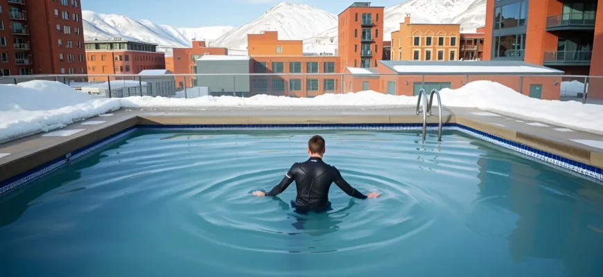 A serene outdoor cold plunge pool in a Denver urban setting, surrounded by snow-capped Rocky Mountains, with a person in a modern wetsuit stepping into the icy water, natural daylight, clean minimalist design, no text or logos