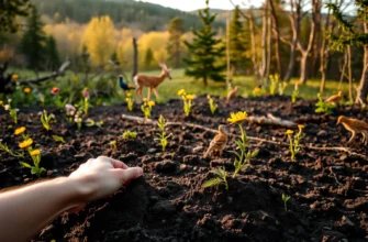 A serene, lush landscape showing a rewilded ecosystem with native wildflowers, young trees, and diverse wildlife such as deer, birds, and insects thriving in restored soil; a human hand gently placing a seed into rich, dark earth in the foreground, symbolizing care and renewal; soft golden hour lighting, shallow depth of field, natural textures, and a sense of quiet hope and ecological healing