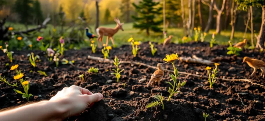 A serene, lush landscape showing a rewilded ecosystem with native wildflowers, young trees, and diverse wildlife such as deer, birds, and insects thriving in restored soil; a human hand gently placing a seed into rich, dark earth in the foreground, symbolizing care and renewal; soft golden hour lighting, shallow depth of field, natural textures, and a sense of quiet hope and ecological healing